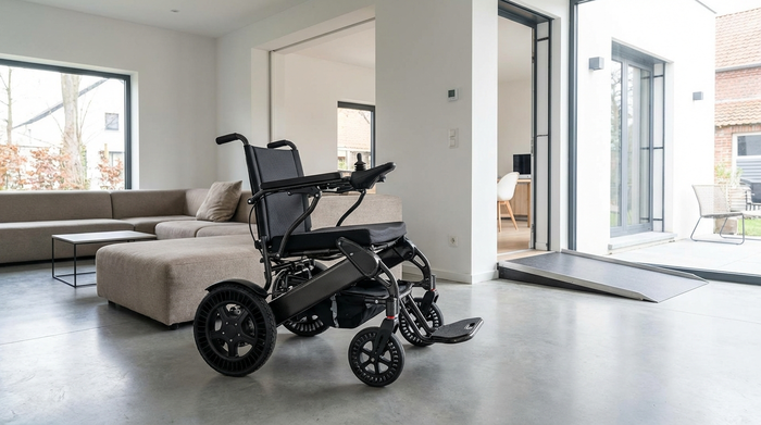 Kompakter Elektrorollstuhl im modernen, barrierefreien Wohnzimmer