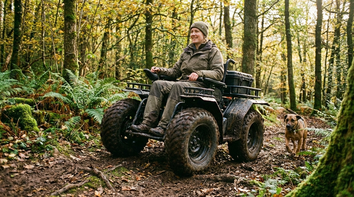 Robuster Outdoor-Elektrorollstuhl auf einem Waldweg in der Natur