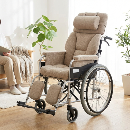 Komfortabler Pflegerollstuhl mit geneigter Rückenlehne und Kopfstütze