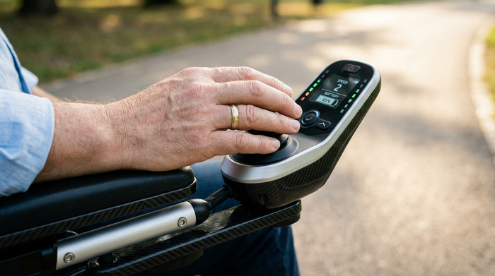 Nahaufnahme einer Hand, die entspannt den Joystick eines modernen Elektrorollstuhls bedient