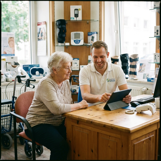 Freundlicher Reha-Techniker berät ältere Dame am Schreibtisch im Sanitätshaus