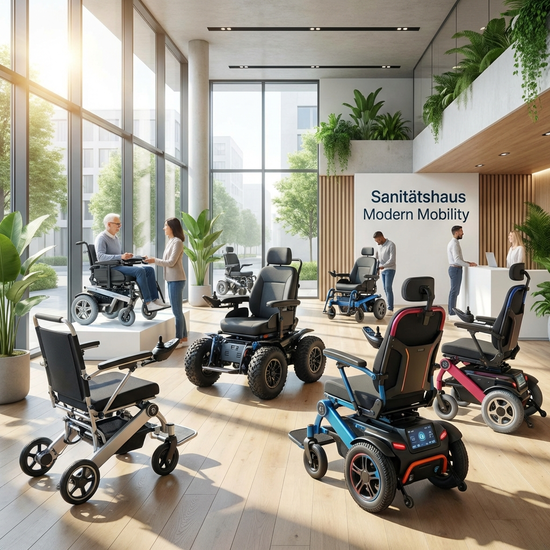 Verschiedene moderne Elektrorollstühle in der hellen Ausstellung eines Sanitätshauses