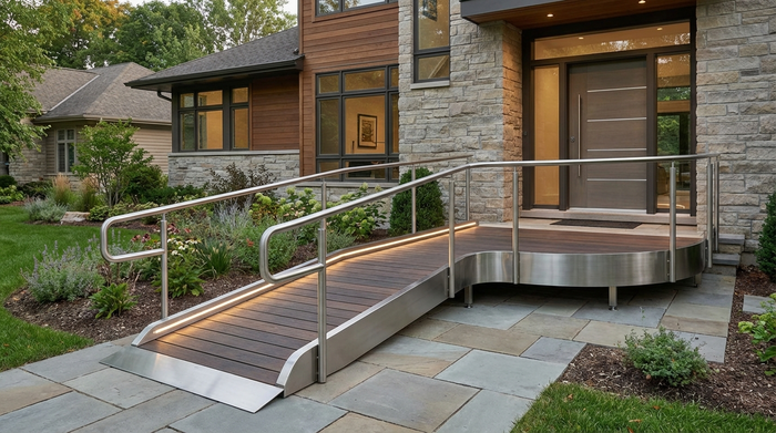 Moderne Rollstuhlrampe aus Metall an der Eingangstür eines gepflegten Einfamilienhauses