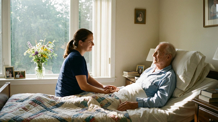 Ruhige Szene: Pflegerin sitzt am Bett eines älteren Herrn und hält sanft seine Hand, helles Zimmer