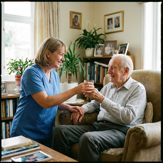 Pflegerin reicht einem Senior behutsam ein kleines Glas Wasser