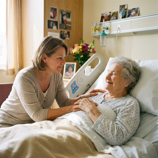 Angehörige streichelt sanft die Schulter einer älteren Dame im Pflegebett