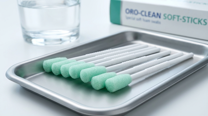 Spezielle weiche Schaumstoffstäbchen zur Mundpflege auf einem sauberen kleinen Tablett