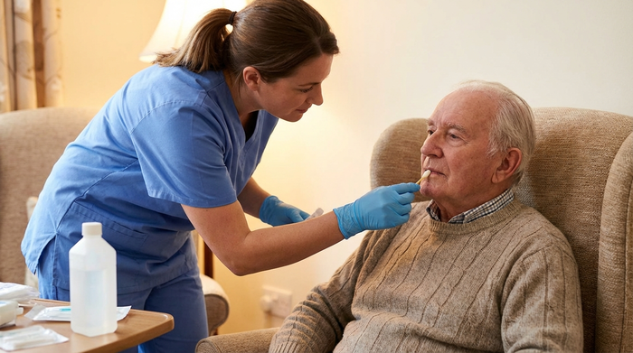 Pflegekraft befeuchtet vorsichtig die Lippen eines Seniors mit einem speziellen Pflegestäbchen
