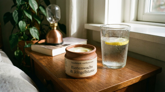 Tiegel mit pflegendem Lippenbalsam und ein Glas Wasser auf einem Nachttisch
