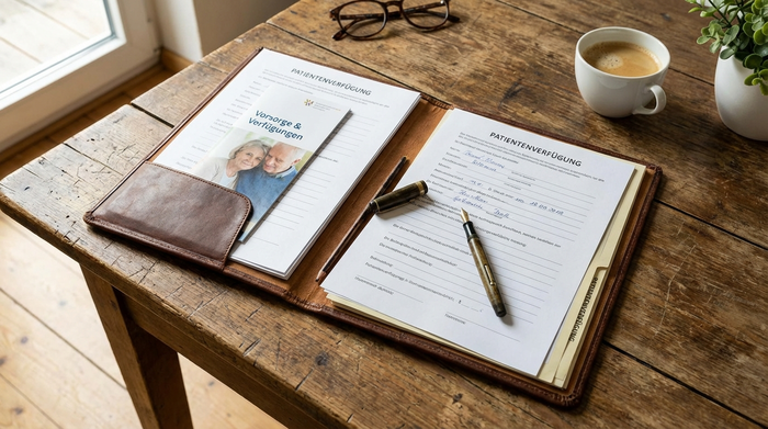 Geöffnete Mappe mit Dokumenten zur Patientenverfügung und ein Stift auf einem Holztisch