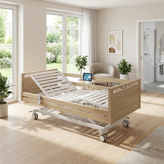 Modernes, elektrisch verstellbares Pflegebett in einem hellen, freundlichen Zimmer