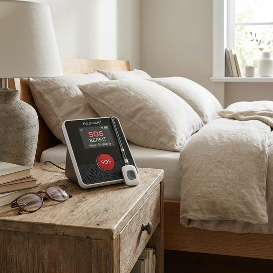 Hausnotruf-Gerät gut sichtbar auf einem Nachttisch neben einem Bett