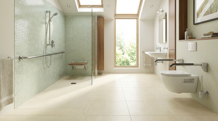 Helles, barrierefreies Badezimmer mit rutschfesten Fliesen und einem stabilen Haltegriff an der Wand