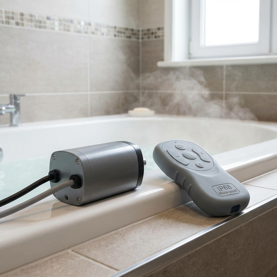 Kompakter Elektromotor mit einer ergonomischen, wasserdichten Fernbedienung auf einem Wannenrand