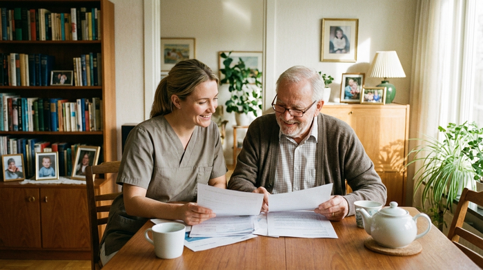 Freundliche Pflegerin und älterer Herr sitzen gemeinsam an einem Tisch und betrachten Dokumente