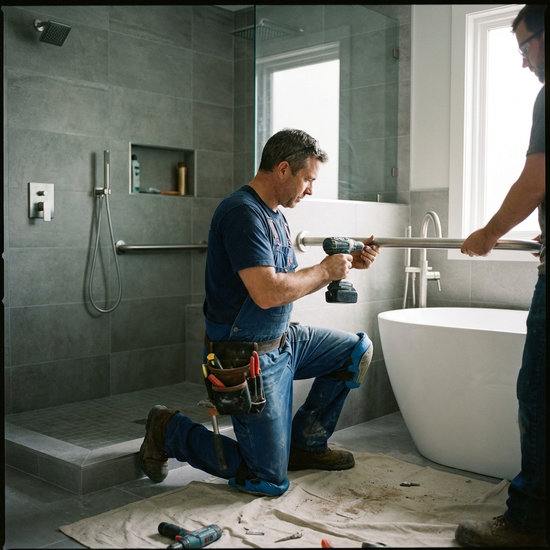 Handwerker in Arbeitskleidung montiert einen Haltegriff in einem modernen Badezimmer