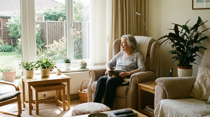 Ruhiges, helles Wohnzimmer, in dem eine ältere Dame entspannt in einem bequemen Sessel sitzt und aus dem Fenster schaut
