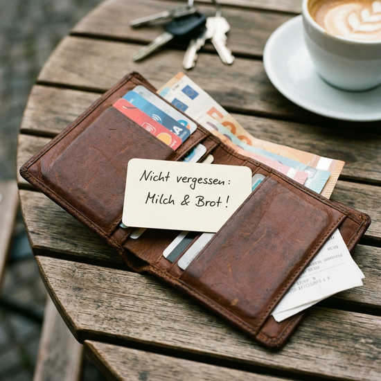 Kleine Hinweiskarte steckt sichtbar in einer geöffneten Brieftasche
