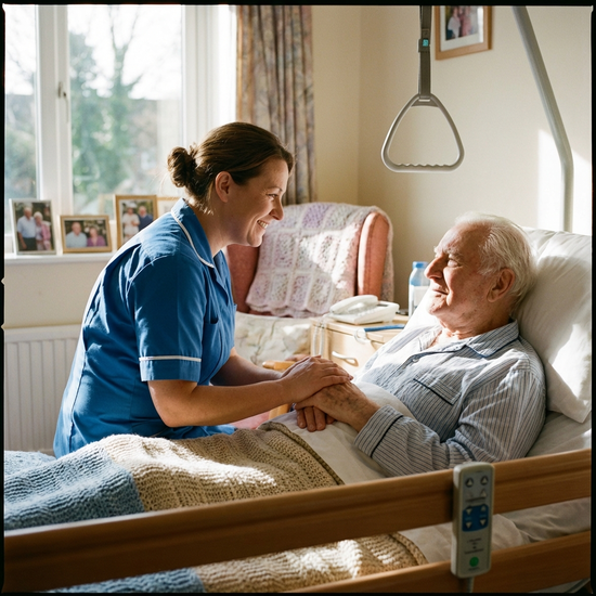 Einfühlsame Pflegekraft hält sanft die Hand eines älteren Patienten im Pflegebett