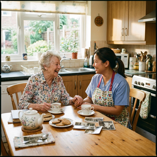 Angehörige und Pflegerin im vertrauten Gespräch am Küchentisch