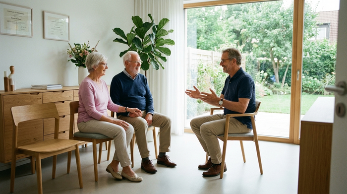 Hausarzt im Gespräch mit einem älteren Ehepaar in einer modernen Praxis