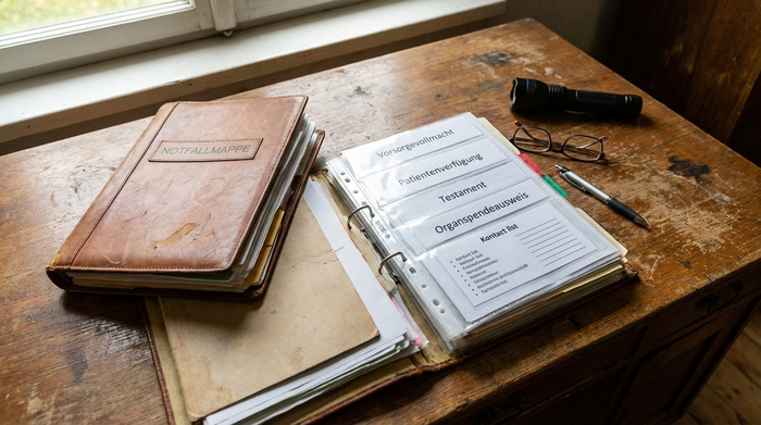 Geöffnete Notfallmappe mit wichtigen Dokumenten auf einem Holzschreibtisch