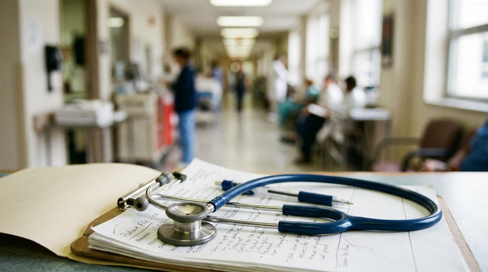 Krankenhausflur im Hintergrund verschwommen, im Vordergrund ein Stethoskop auf einer Patientenakte