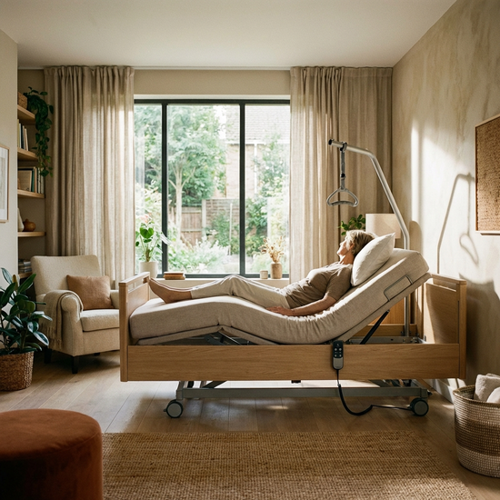 Modernes, elektrisch verstellbares Pflegebett in einem wohnlichen Schlafzimmer