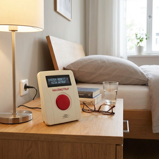 Hausnotruf-Basisstation deutlich sichtbar auf einem Nachttisch