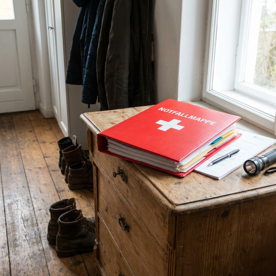 Rote Notfallmappe liegt gut sichtbar auf einer Kommode im Flur