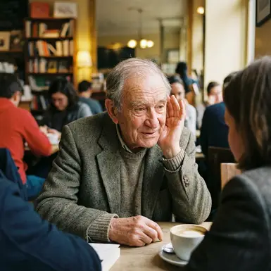 Älterer Herr beugt sich im Gespräch leicht nach vorne und hält die Hand aufmerksam ans Ohr