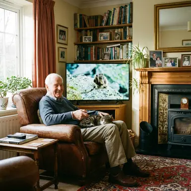 Senior sitzt mit einer Fernbedienung in der Hand vor dem Fernseher in einem gemütlichen Wohnzimmer