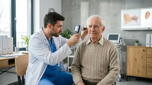 HNO-Arzt untersucht das Ohr eines älteren Patienten mit einem Otoskop in einer modernen Praxis
