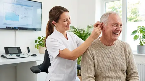 Hörakustikerin passt einem lächelnden Senior ein modernes Hörgerät an