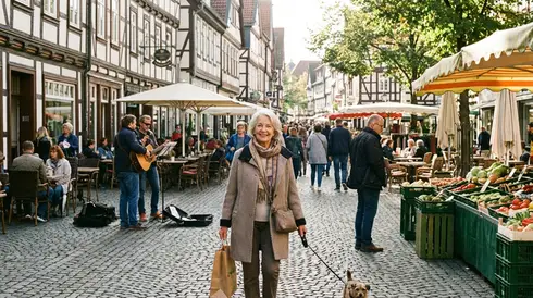 Seniorin genießt entspannt einen Spaziergang in der belebten Fußgängerzone
