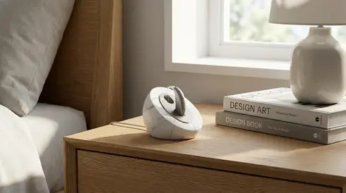 Modernes Hörgerät steht in einer kompakten, eleganten Ladestation auf einem Nachttisch