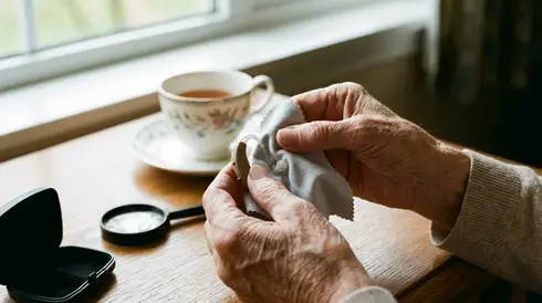 Seniorenhände reinigen behutsam ein Hörgerät mit einem weichen Pflegetuch