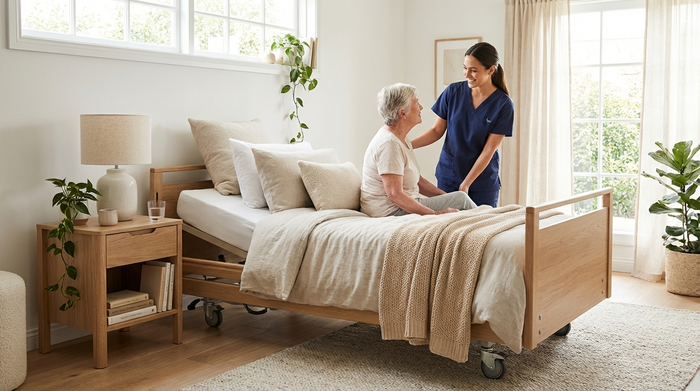 Moderne, helle Pflegesituation im heimischen Schlafzimmer mit einem gemütlich eingerichteten Pflegebett und einem Nachttisch