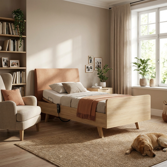 Modernes elektrisches Pflegebett in einer gemütlichen häuslichen Umgebung