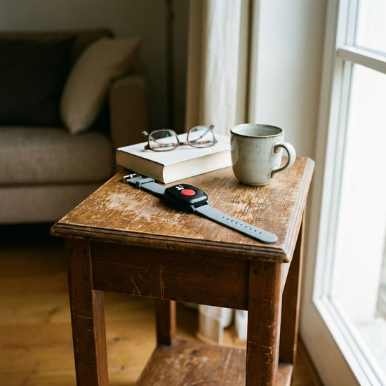 Hausnotruf-Armband liegt griffbereit auf einem kleinen Holztisch