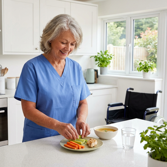 Erfahrene Pflegekraft bereitet liebevoll eine kleine Mahlzeit in einer aufgeräumten Küche vor