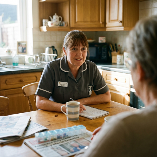 Pflegekraft sitzt aufmerksam am Küchentisch und ist jederzeit ansprechbar