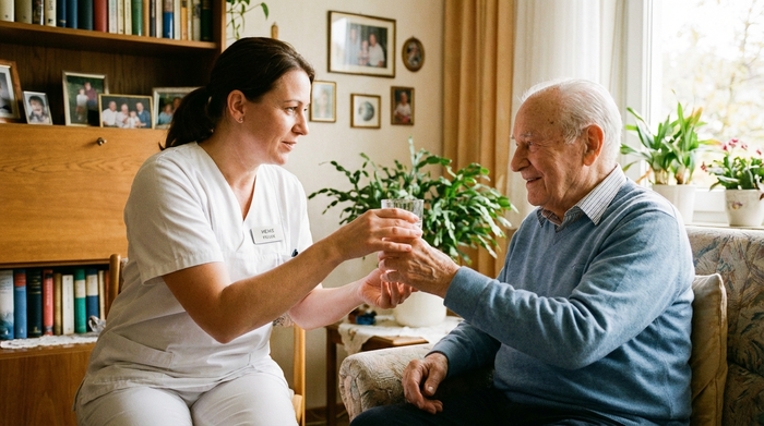 Aufmerksame Pflegekraft reicht einem Senioren behutsam ein Glas Wasser
