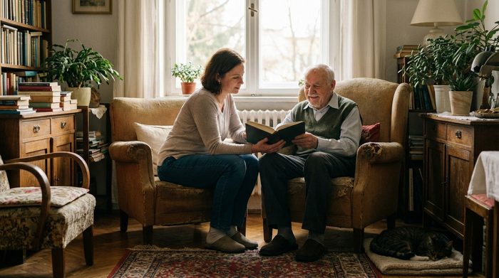 Pflegekraft liest einem Senioren in ruhiger Atmosphäre aus einem Buch vor