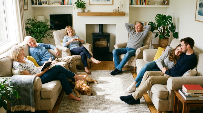 Angehörige sitzen entspannt und entlastet gemeinsam im Wohnzimmer