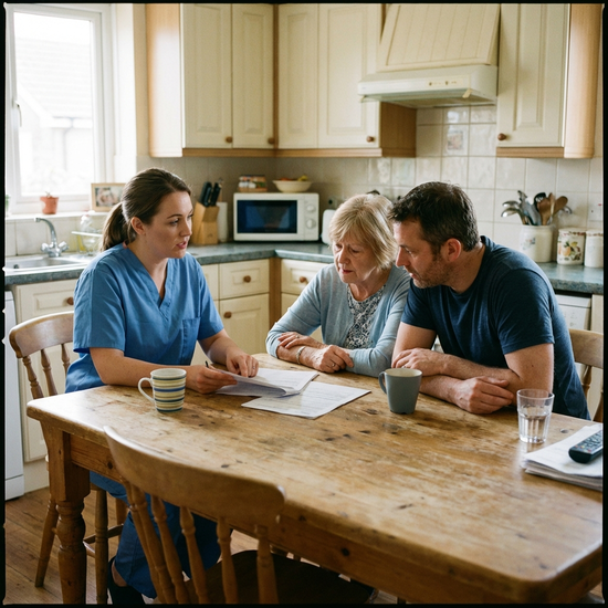 Pflegekraft und Angehörige besprechen sich ruhig und konzentriert am Küchentisch