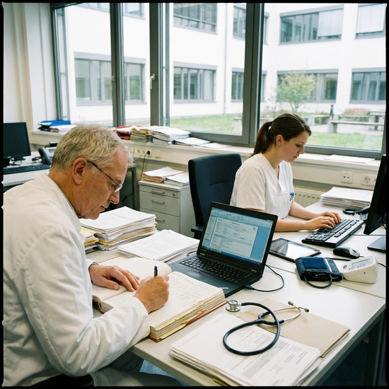 Medizinisches Fachpersonal bei der sorgfältigen Dokumentation am Schreibtisch