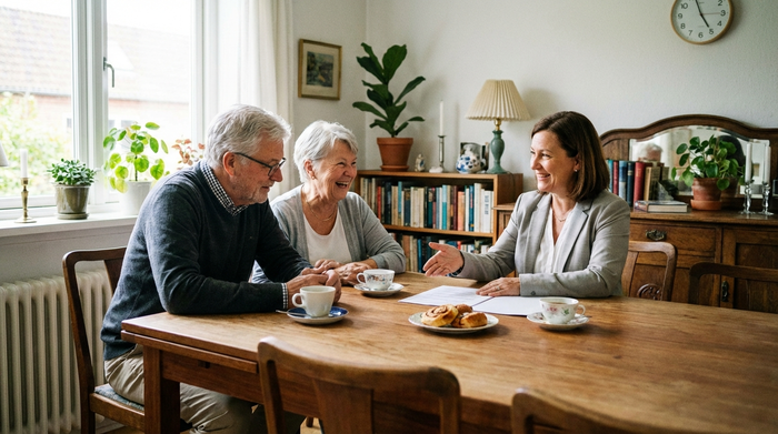 Seniorenpaar im Gespräch mit einer freundlichen Beraterin am Esstisch