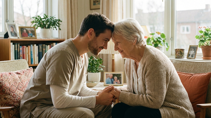 Angehörige und Pflegekraft sitzen sich unterstützend und ruhig gegenüber