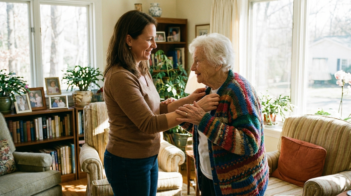 Empathische Pflegerin hilft einer älteren Dame liebevoll beim Anziehen einer Strickjacke im hellen Wohnzimmer